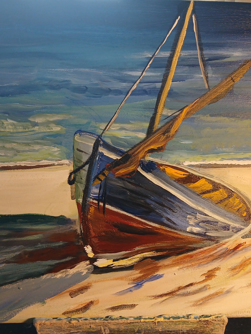 Seaside Boat Canvas Painting in Blue and Yellow 8x10 Acrylic